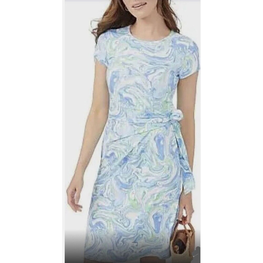 J MCLAUGHLIN Elora Tie Dress Faux Wrap Catalina Cloth Blue Green White XS